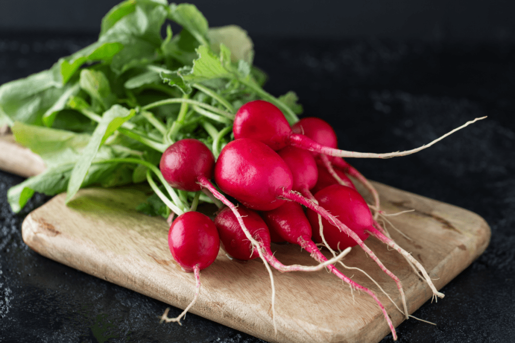 Indoor vegetable garden - a small bunch of fresh radishes on a wooden chopping board