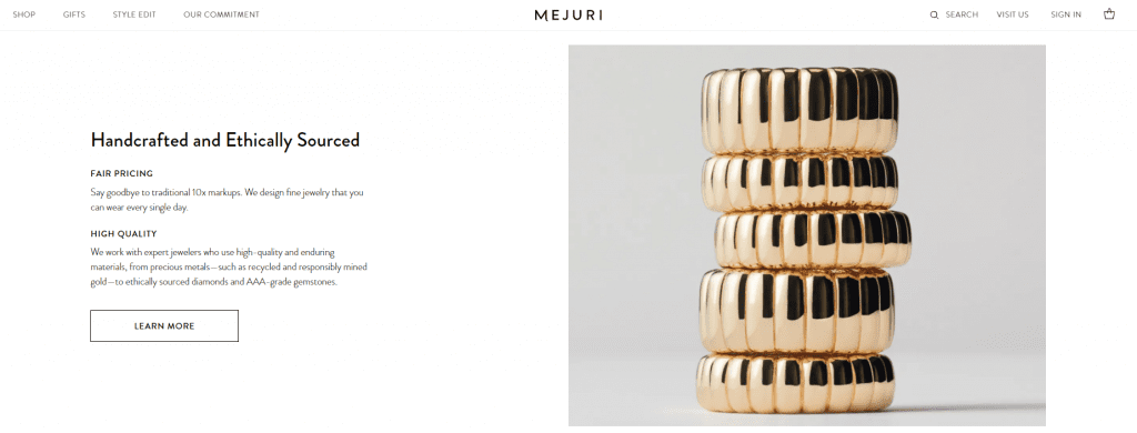 Screenshot of the Mejuri Ethical Jewelry Website