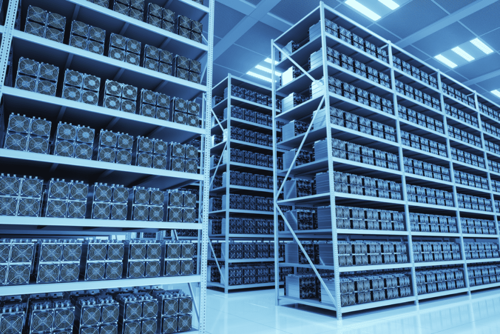 Environmental Impact of Cryptocurrency - Image of a bitcoin mining farm with tall stacks of hundreds of computers on metal shelves 