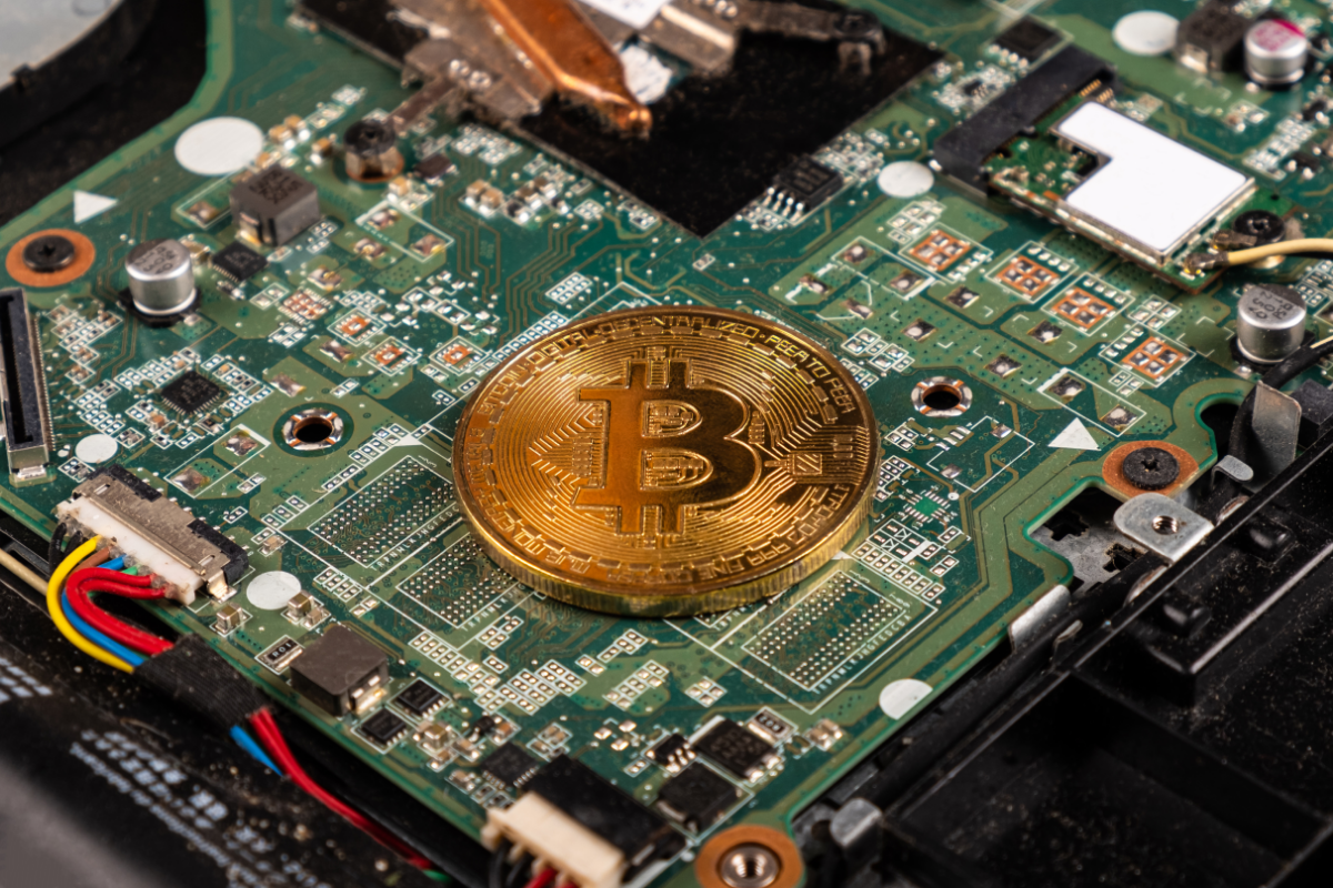 Environmental Impact of Cryptocurrency - Stock image from Canva of a gold bitcoin on a computer hard drive