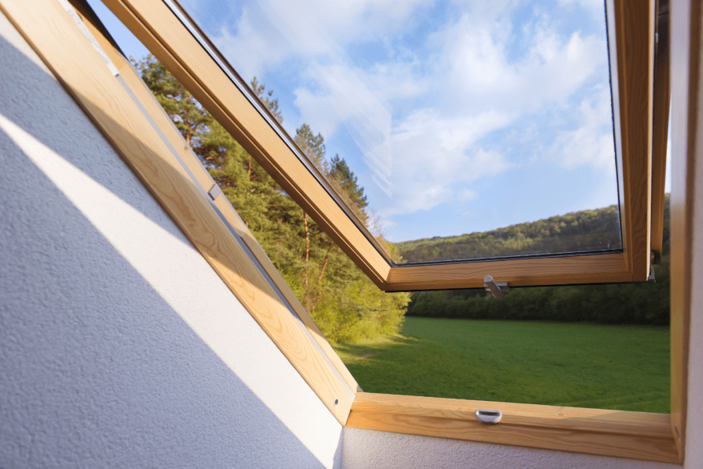 Eco-friendly lighting - image of a skylight window in the roof, with a blue sky and forest visible through it