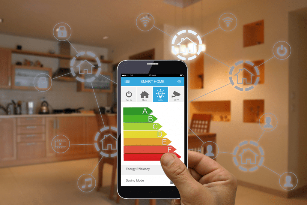 Eco-friendly lighting - stock concept image of a smart home app open on a smartphone, displaying the energy efficiency rating system used on appliances