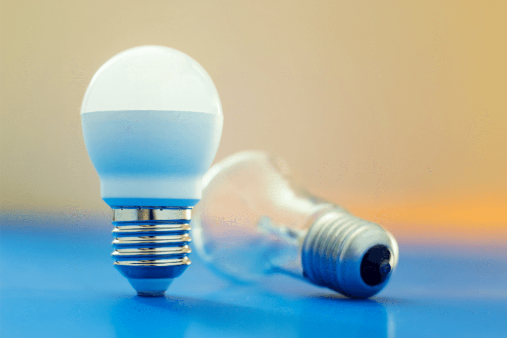 Energy-efficient home: image of an LED light bulb next to an old Halogen bulb