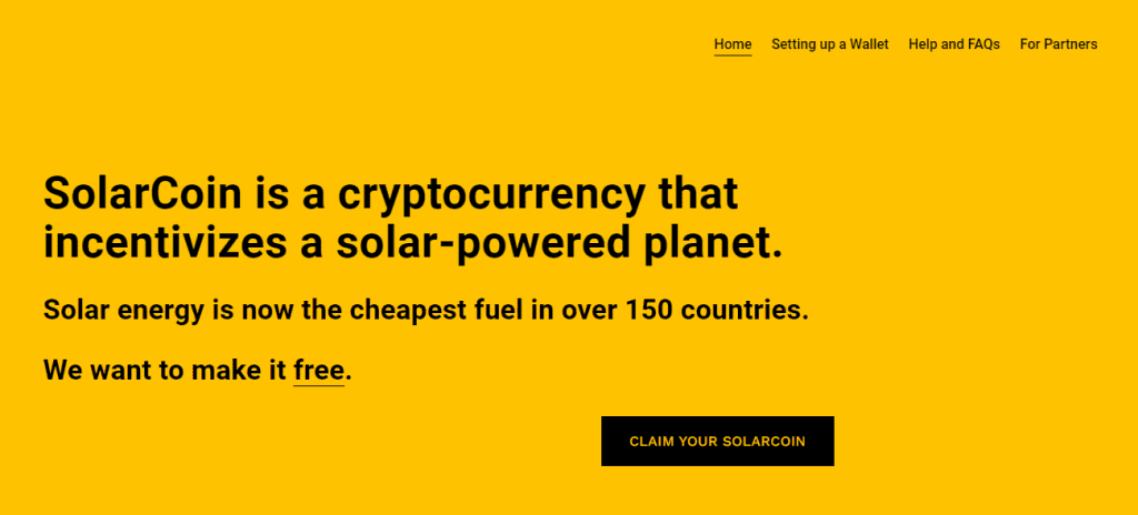 Eco-friendly Crypto Companies - Screenshot of the SolarCoin homepage