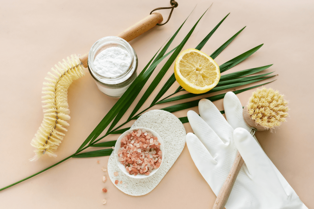 Indoor Air Quality - Natural Cleaning Products including salt, lemon, sodium bicarbonate and natural scrubbing brushes