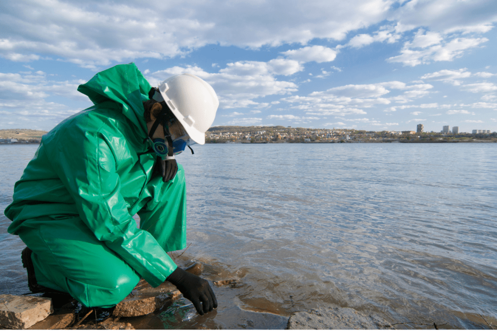 person in full PPE taking a surface water sample on the edge of a lake