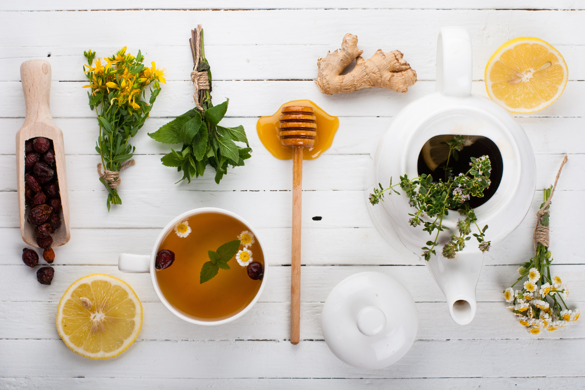 Herbs for Weight Loss - Feature image from Canva of a variety of herbs arranged on a white wooden background