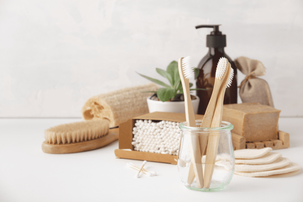 Eco-friendly Products - bamboo tooth brushes, bar soap, wooden hair brushes and glass containers