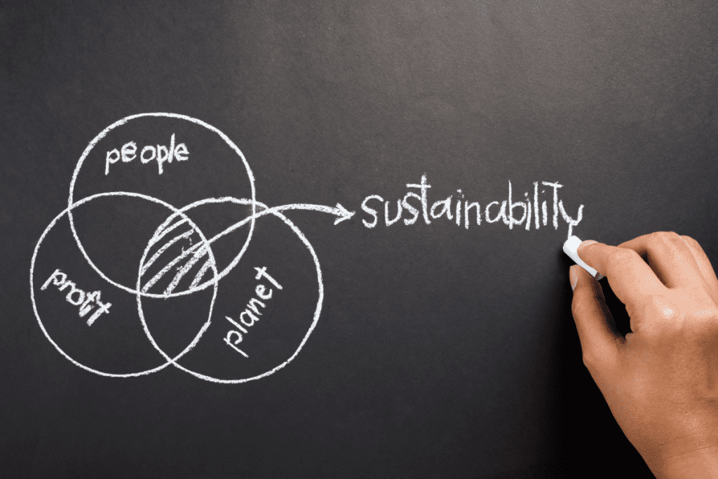 Sustainability written in white chalk on a blackboard, next to three overlapping circles that say people, planet, profit