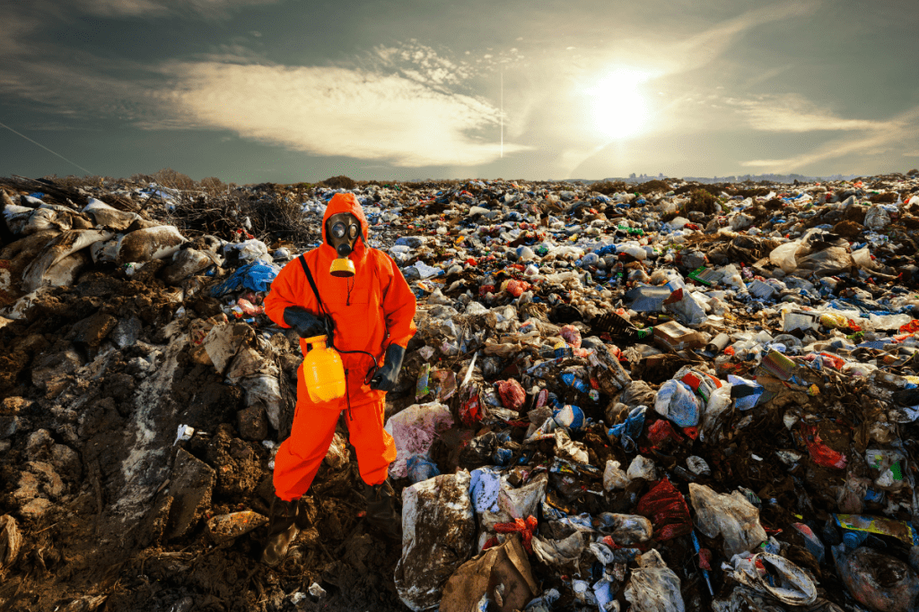 Huge landfill and a person in a hazmat suit in the foreground