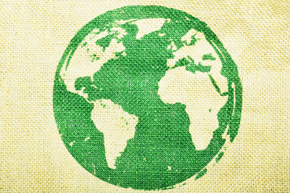 Import and Export Regulations that Protect the Environment - Stock feature image of the earth printed in green on natural sisal fabric