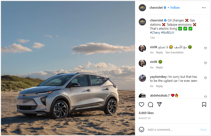 Screenshot from Instagram of the Chevrolet Bolt EV