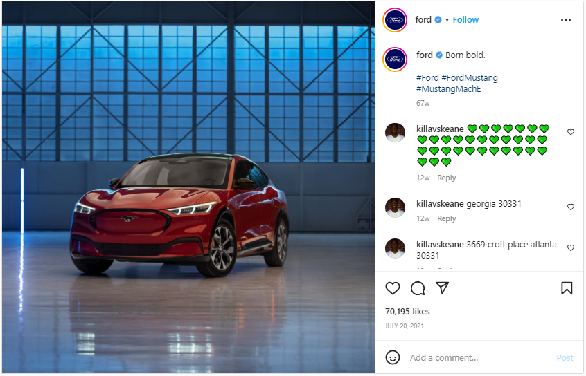 Screenshot from Instagram of the Ford Mustang Mach EV