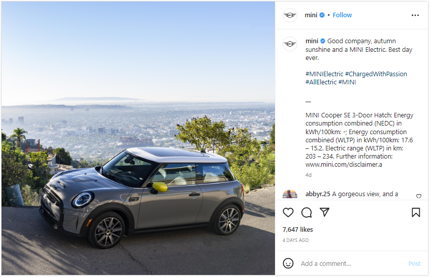Screenshot from Instagram of the Mini Cooper Electric EV