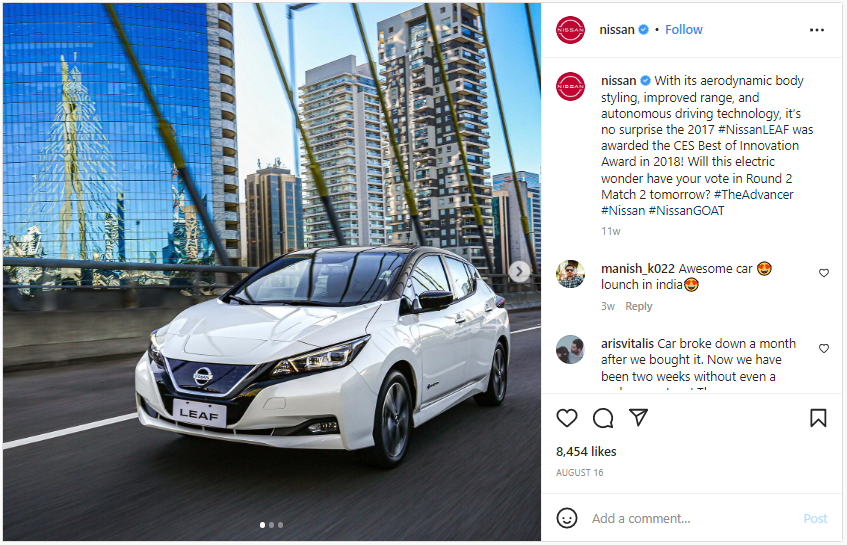 Screenshot from Instagram of the Nissan Leaf EV