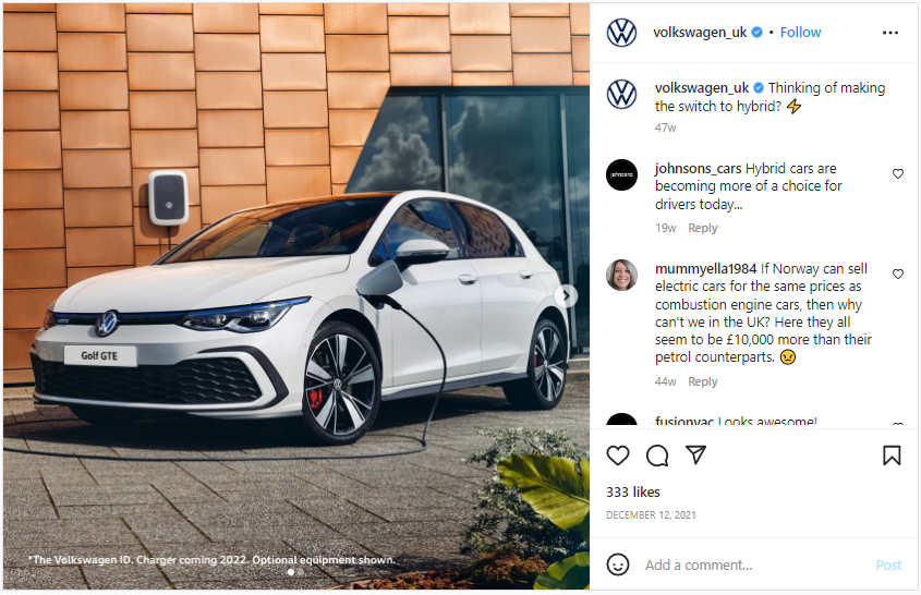 Screenshot from Instagram of the VW Golf Electric