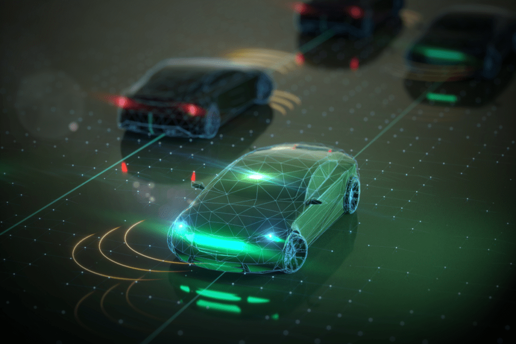 Adoption of EVs - Stock concept image from Canva of an autonomous car with sensor "beams" around it 