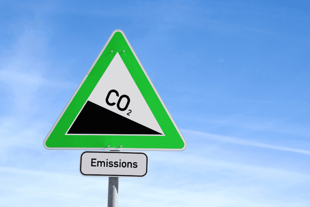 Image of a triangular road sign warning with CO2 written on it