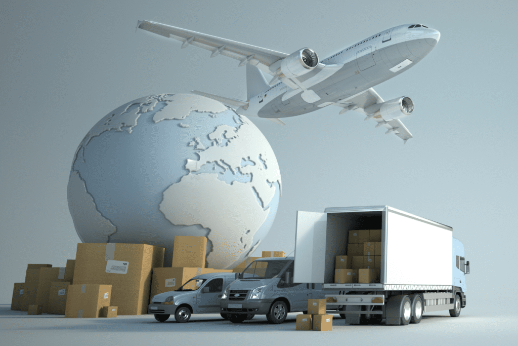 Carbon Neutral - Concept Stock Image from Canva of boxes waiting to be sent in trucks, and planes