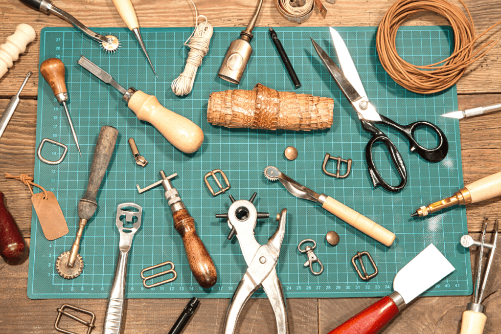 How to Upcycle - top view of a craft table with various tools on it