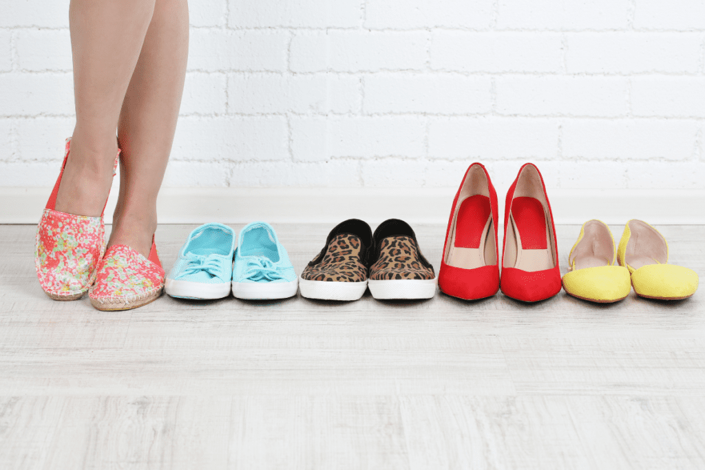 How to Upcycle - Row of different styles of shoes from sneakers to high heels