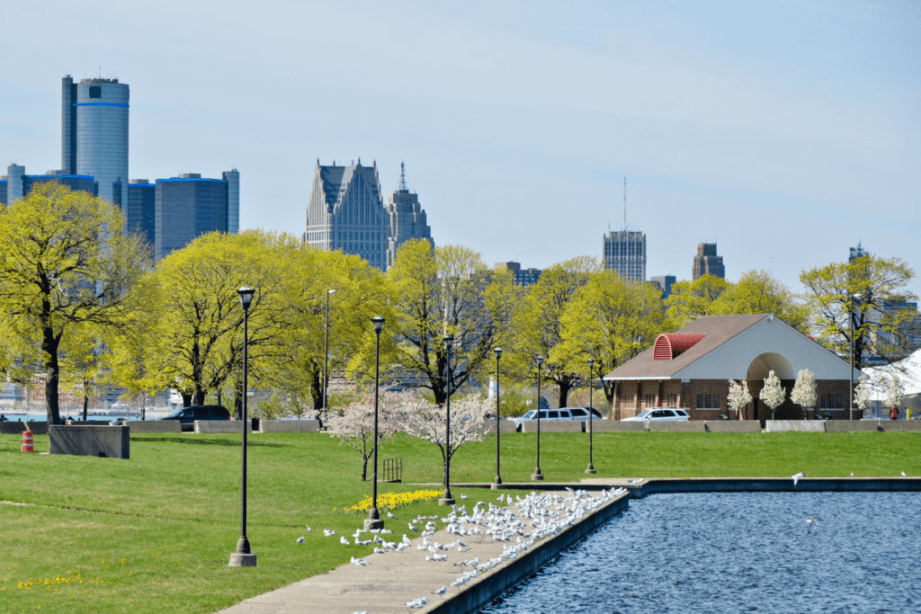 Greening of Detroit - Stock Image from Canva of the a beautufully maintained park with grass, trees and birds, and the Detroit MI skyline in the background