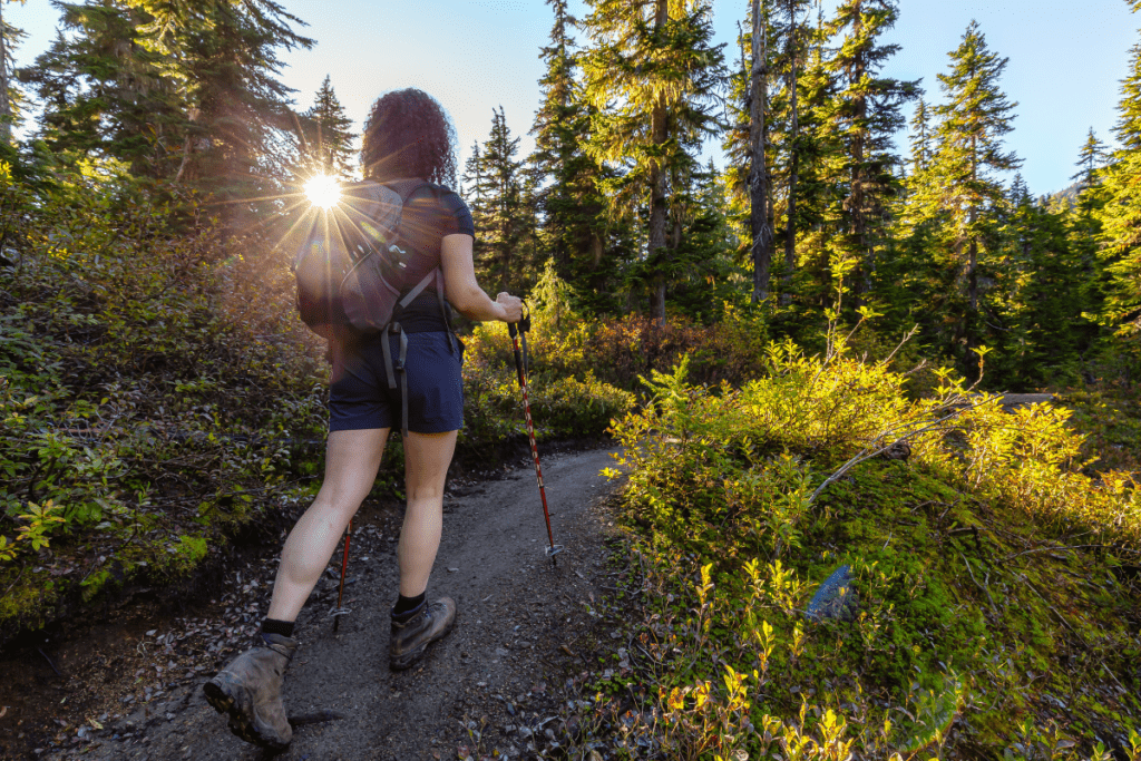 Leave no trace hiking - image of a woman hiking on a well-defined hiking trail in the woods