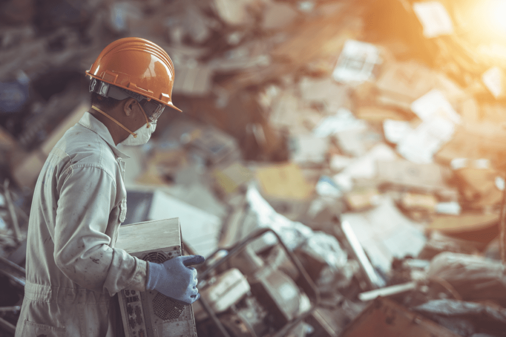How to Reduce E-Waste - PPE clad worker in an e-waste facility