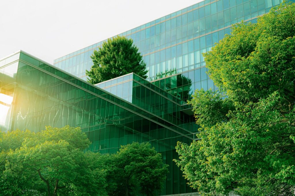 Eco-friendly building surrounded with trees