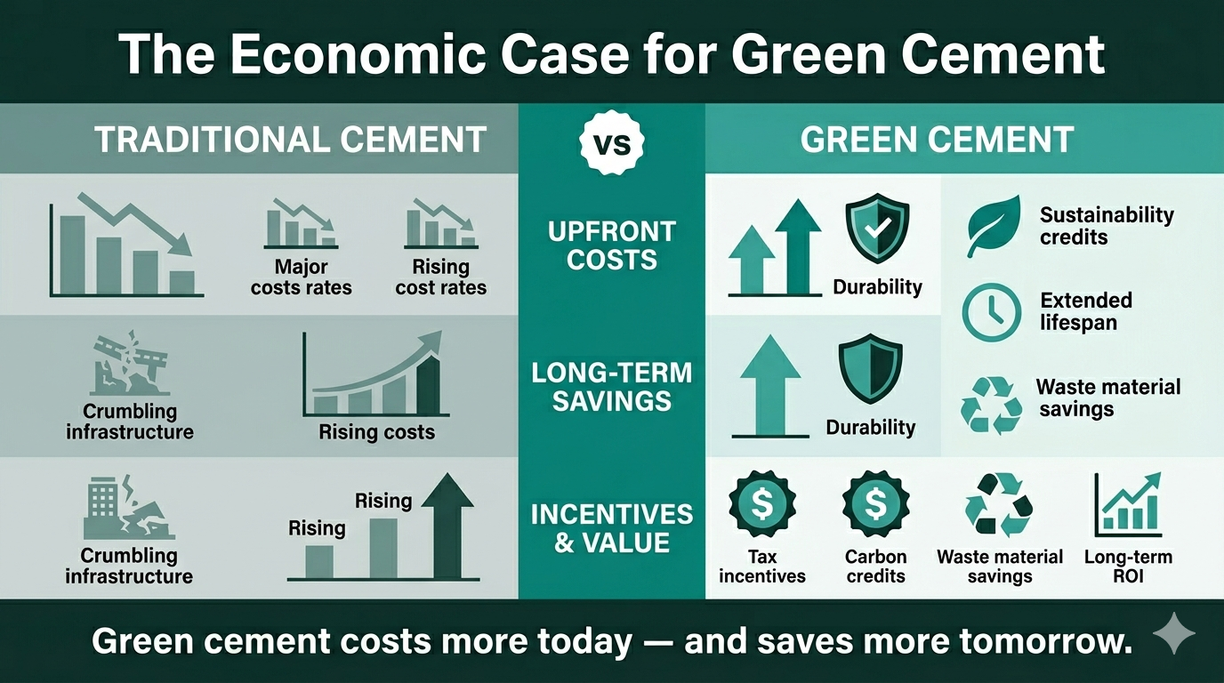 Economic benefits of green cement compared to traditional cement.