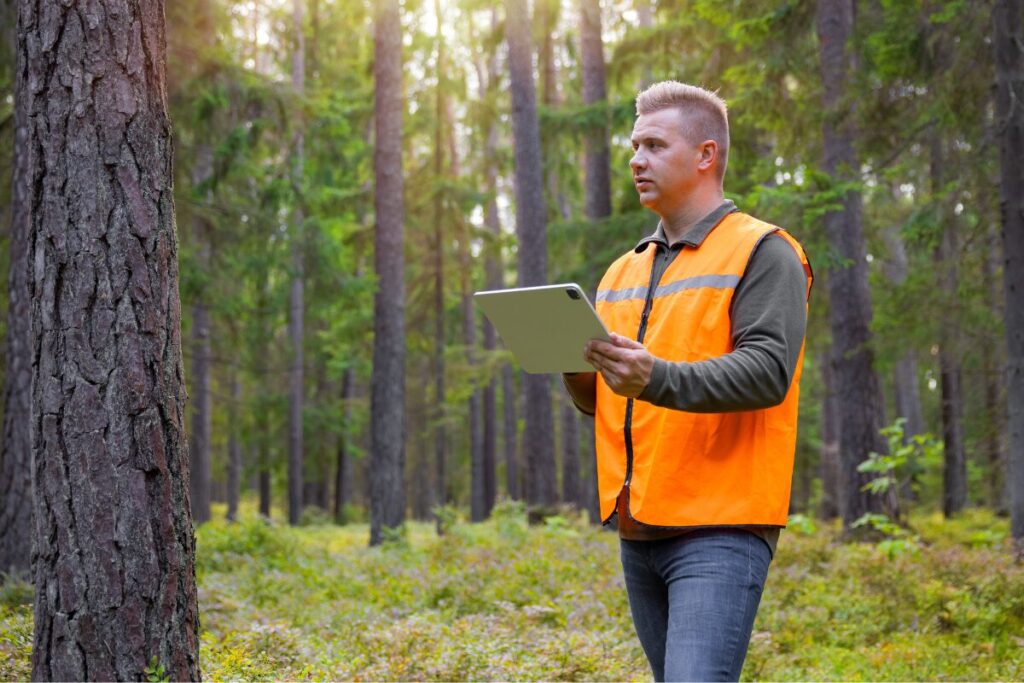 A man wearing orange vest doing participating in research about sustainable forestry