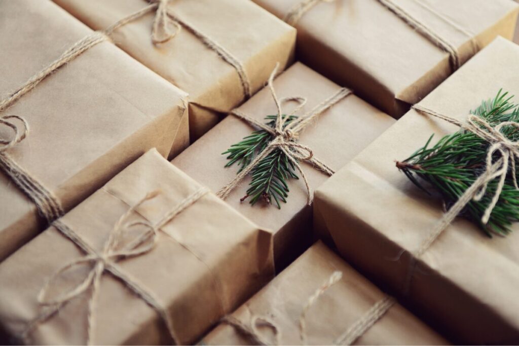 gifts wrapped in recycled brown paper
