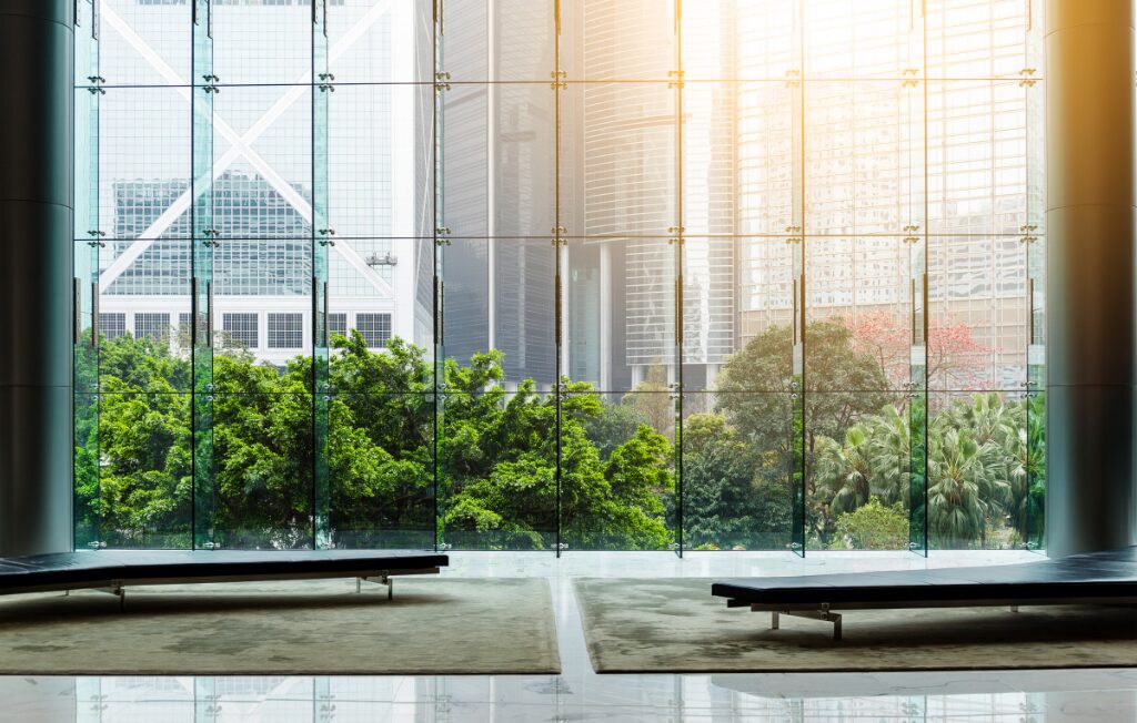 Modern building interior looking out glass windows