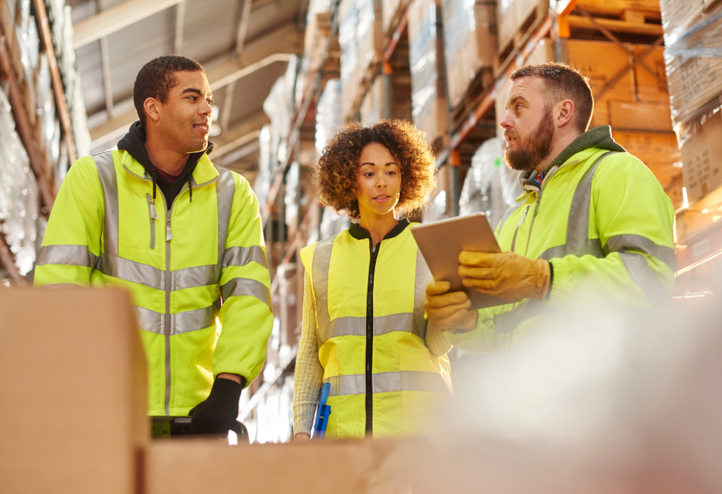 Warehouse workers in high viz vests. 