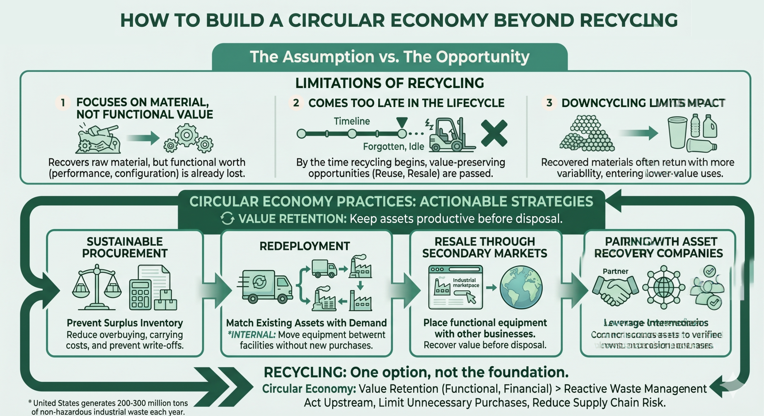 An educational infographic titled "How to Build a Circular Economy Beyond Recycling," presented in a professional green and cream color palette. The graphic is divided into two main sections: the limitations of recycling and actionable circular strategies.