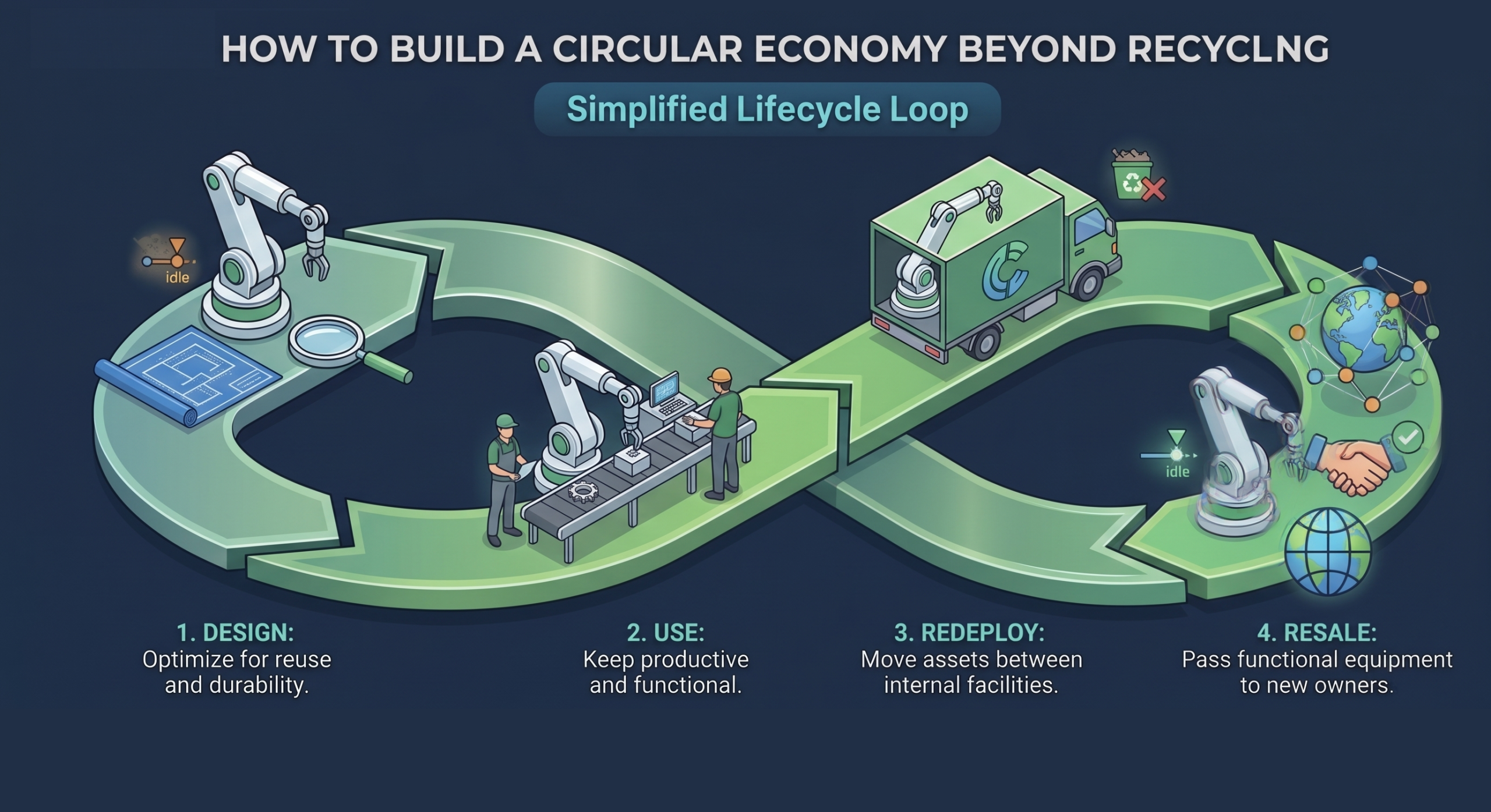 An isometric 3D infographic titled "How to Build a Circular Economy Beyond Recycling," featuring a "Simplified Lifecycle Loop" in a professional green and slate-blue color palette. The graphic uses a continuous infinity-loop path to illustrate the following four stages: Design: A robotic arm works over a blue architectural blueprint with the caption, "Optimize for reuse and durability." Use: A worker monitors a robotic arm on a conveyor belt, with the caption, "Keep productive and functional." Redeploy: A green delivery truck carries equipment, representing the movement of "assets between internal facilities." Resale: Icons of a handshake and a global network illustrate the final stage: "Pass functional equipment to new owners."