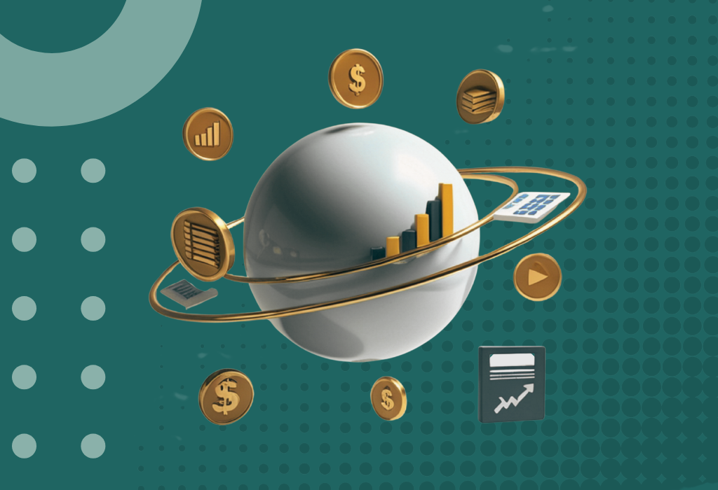 An abstract, 3D-styled graphic titled "Circular Economy Beyond Recycling Climatesort Feature Image," set against a textured teal and dark green background with a dotted pattern. In the center is a large, polished white sphere that appears to be "orbiting" within two golden rings. Various financial and data-oriented icons are floating around the sphere and attached to the rings