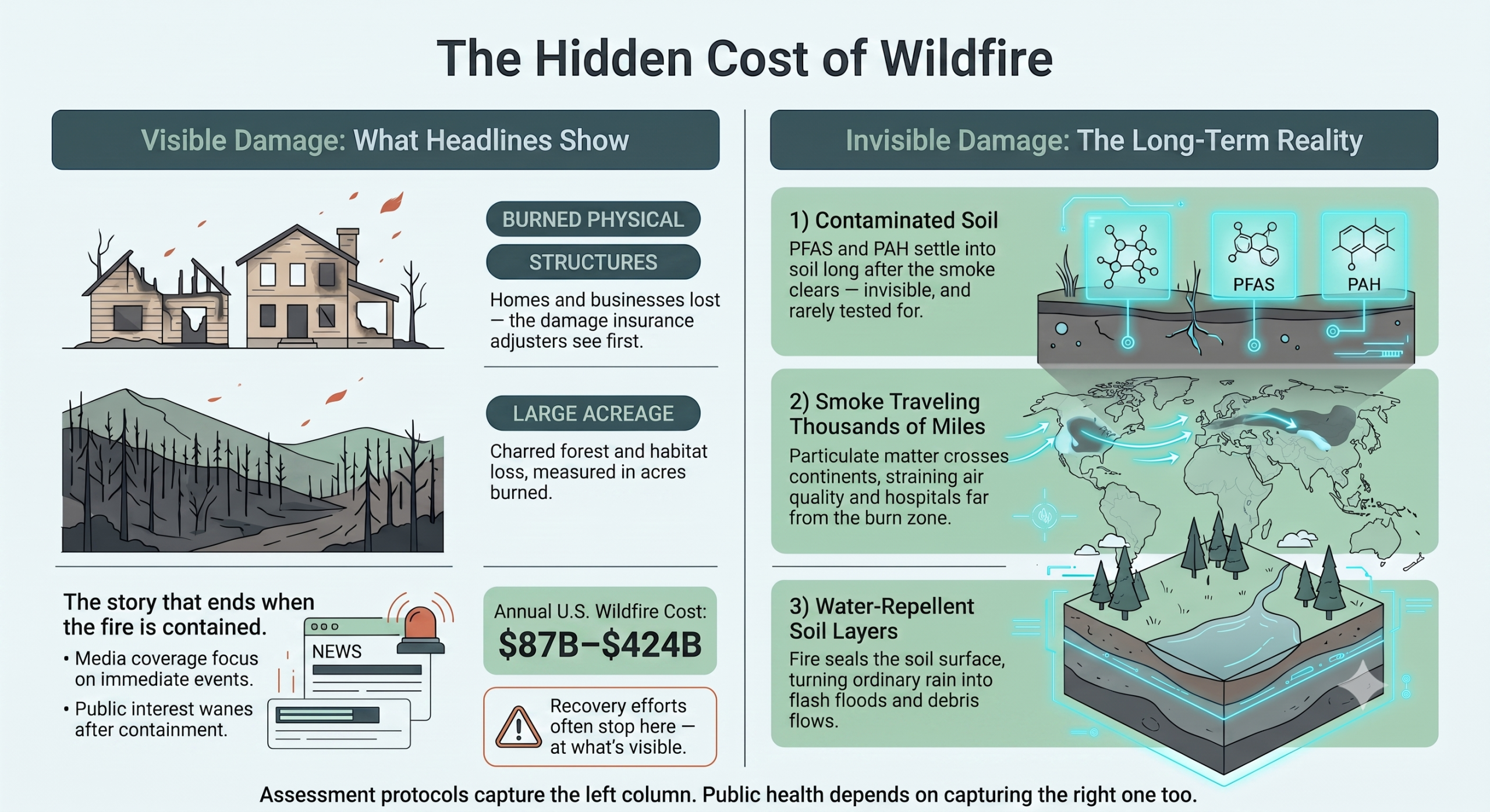 nfographic titled 'The Hidden Cost of Wildfire' comparing visible immediate damage (burned homes, acreage, $87B-$424B cost) on the left to long-term invisible damage (soil contamination, long-range smoke, soil hydrophobic layers) on the rig